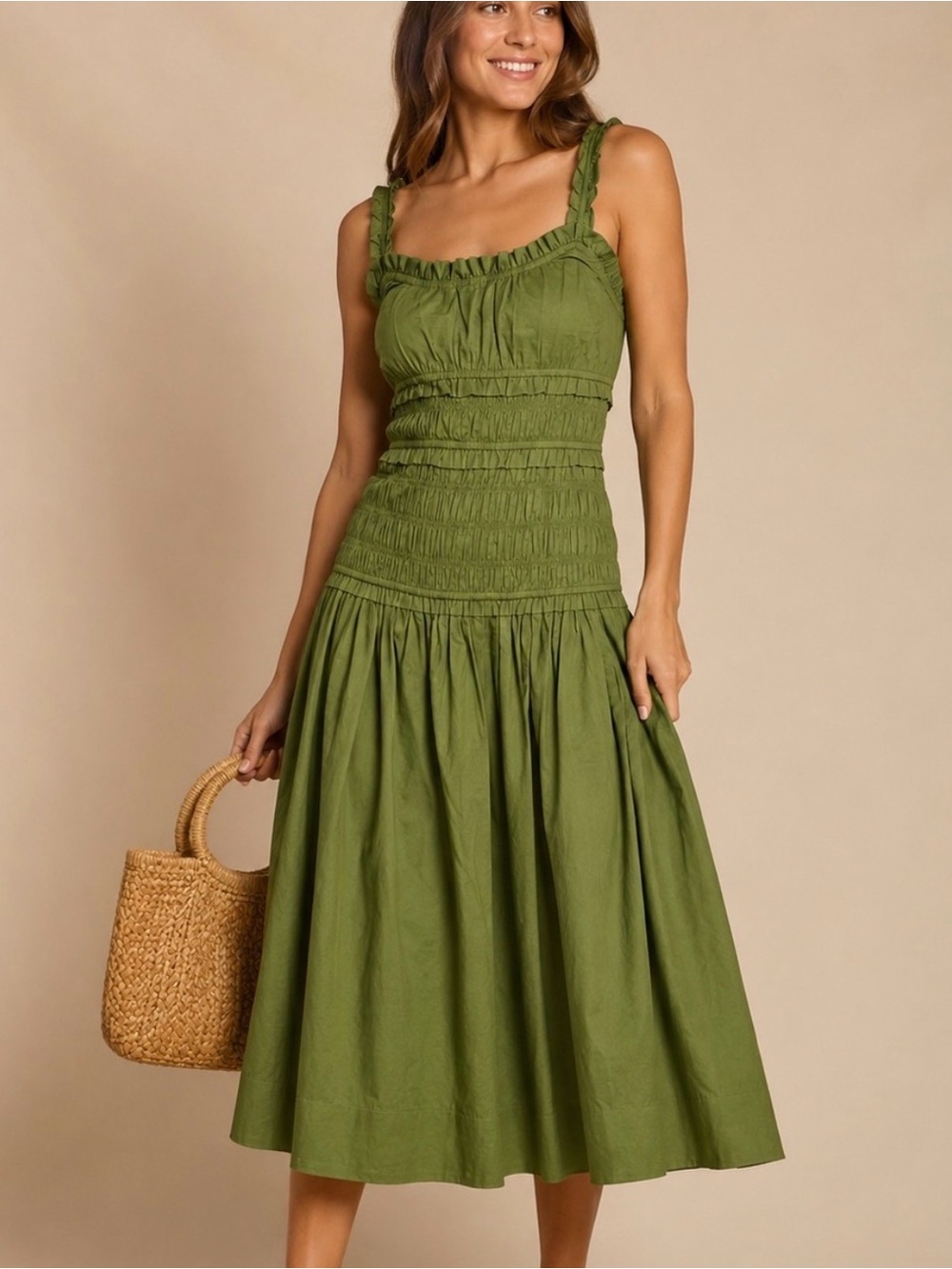 Caroline Constas Olive Midi Dress with Smocked Bodice